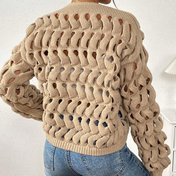 Chunky Hollow Out Knit Khaki Cardigan - Picture 2 of 11